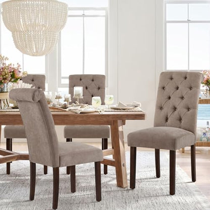 COLAMY Button Tufted Dining Chairs Set of 6, Parsons Upholstered Fabric Dining Room Chairs Kitchen Chairs with Wood Legs and Padded Seat, Taupe - color: Taupe, size: set of 6