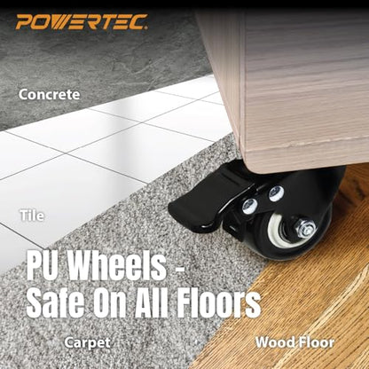 POWERTEC 2 Inch Caster Wheels Set of 4, 3/8"-16 x 1 Stem Casters - 2 Casters W/Dual Locking Break - Heavy Duty 350 lbs, 360° Swivel, PU Castor Wheels for Furniture, Carts, Trolleys, Toolboxes (17220)