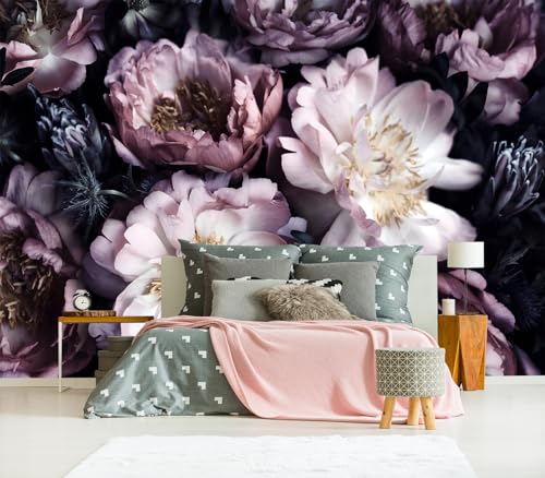 Peel and Stick Purple Peony Floral Wallpaper Black Flower wall Mural - color: M03, size: 118"x85"