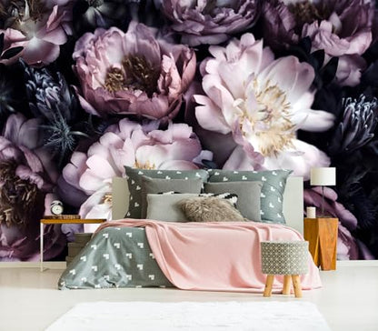 Peel and Stick Purple Peony Floral Wallpaper Black Flower wall Mural - color: M03, size: 183"x120"