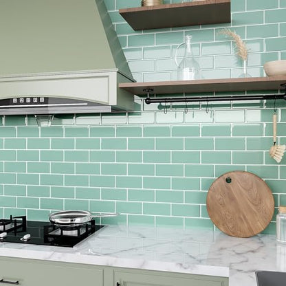 VEELIKE Aqua Green Subway Peel and Stick Backsplash Tile 24 Sheets Back Splashes for Kitchens Peel and Stick Green Wall Tiles 12''x12'' Waterproof Adhesive Backsplash Tiles for Bathroom Laundry Room - size: Box of 24 Tiles