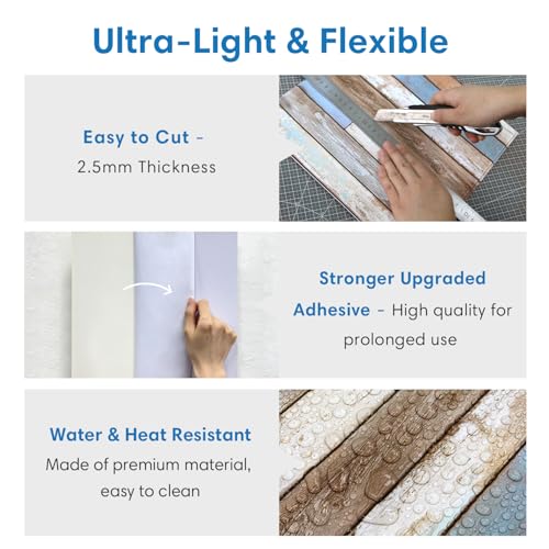 COMSTICKC 3D Peel and Stick Faux Wood Wall Sticker, 10 Pcs 11.8" x 11.8" - color: Blue/Brown