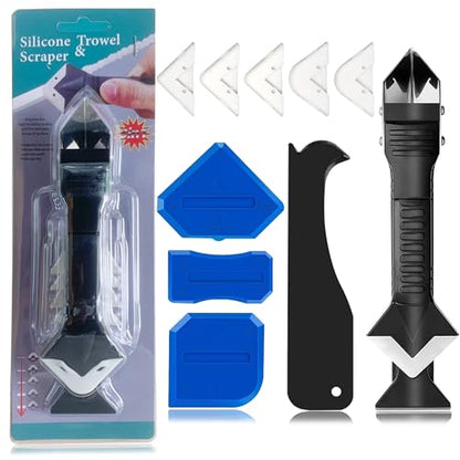 Silicone Caulking Tool Caulk Remover 3 in 1 (Stainless Steelhead), Sealant Finishing Tool Grout Scraper, Reuse and Replace 5 Silicone Pads, Great Tools for Kitchen Bathroom Window, Sink Joint