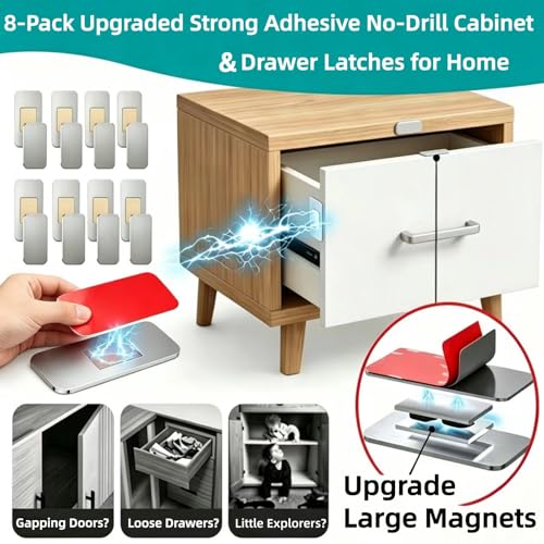 8 Pack Magnetic Cabinet Door Catch, Ultra Thin Adhesive Cabinet Magnets for Closure, No-Drill Stainless Steel Drawer Latch for Kitchen, RV, Closets, Wardrobe -0.08 Inch Thicknes (Silver) - color: Silver