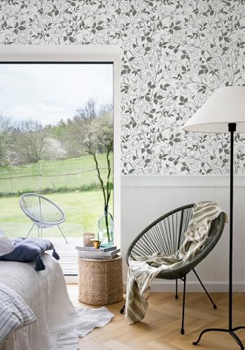 16.9in x118in Rose Floral Peel and Stick Wallpaper Gray Green Wallpaper - color: Gray Green Rose
