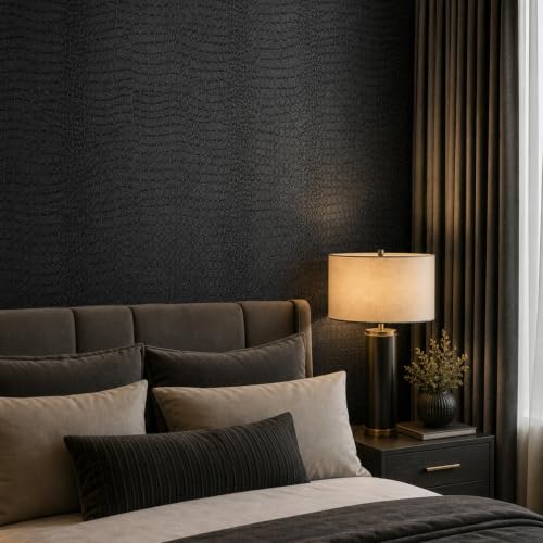 Black Peel and Stick Wallpaper, 15.7'' X 590'' Crocodile Wallpaper - color: Black Crocodile, size: 15.7" x 590"