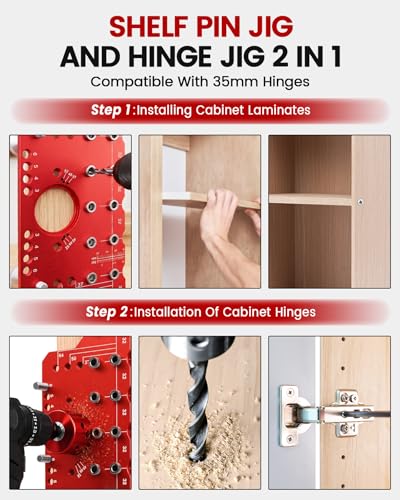 TANYO 2 In 1 Shelf Pin Jig and Hinge Jig, 35mm Drill Bits, Cabinet Hardware - color: Red, size: 11 Hole