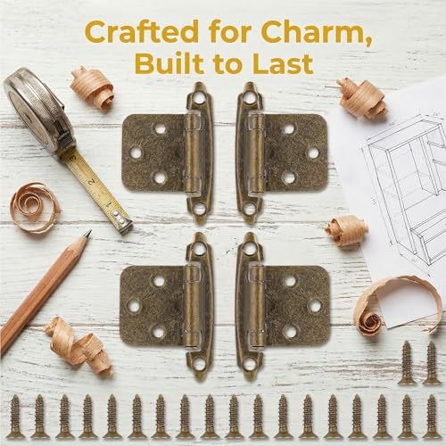 4 Pack (2 Pairs) Antique Brass Cabinet Hinges, 1/2 Inch Overlay Self-Closing Hinges for Kitchen Cupboard Cabinet Doors, Semi-Concealed Face Frame Mount Hardware - color: Antique Brass