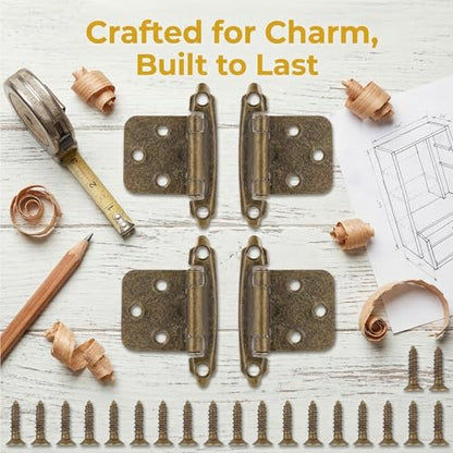4 Pack (2 Pairs) Antique Brass Cabinet Hinges, 1/2 Inch Overlay Self-Closing Hinges for Kitchen Cupboard Cabinet Doors, Semi-Concealed Face Frame Mount Hardware - color: Antique Brass