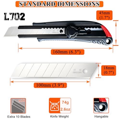 18mm Heavy Duty Utility Knife, Screw Lock Box Cutter with 10pcs SK2 Snap-off Blades, Industrial Grade Cutter for Construction, Industrial & Carpet Work(L702) - color: 18mm-screw Lock-l702