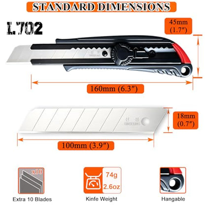 18mm Heavy Duty Utility Knife, Screw Lock Box Cutter with 10pcs SK2 Snap-off Blades, Industrial Grade Cutter for Construction, Industrial & Carpet Work(L702) - color: 18mm-screw Lock-l702