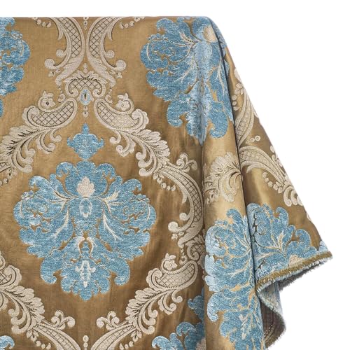 Royal Damask Chenille Upholstery Brocade Satin Jacquard Fabric 56/58 Inch Heavyweight Paisley Floral Polyester by The Yard for Sewing & Upholstery - Tan/Turquoise (5 Yards) - color: Tan / Turquoise, size: 5 Yards