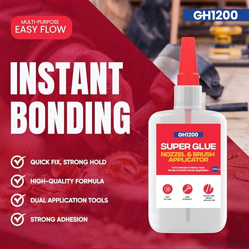 GH1200 (2-in-1) Super Glue with Brush Applicator & Nozzle, Mess Free Superglue Brush, Instant Never Dries, 3000 CPS Ca Glue, No Stain Clear Glue, Super Glue for Plastic, Rubber & More - style: 20g Super Glue Brush & Nozzle