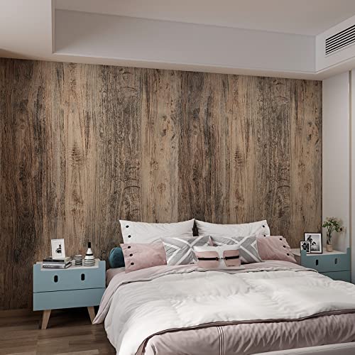 3yecao Extra Wide Thick Brown/Grey Distressed Wood Wallpaper Peel and Stick - color: Brown, size: 31" x 354"