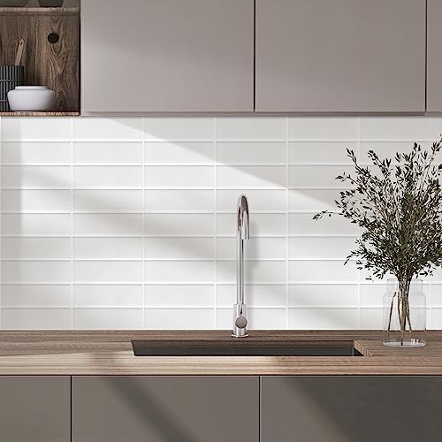 Peel and Stick Tile, New Upgrade Thicker Design Self Adhesive 12" x 12" Large Premium Finger Tiles for Kitchen,Bathroom, Living Room, RV Etc (10-Sheet,White). - color: White