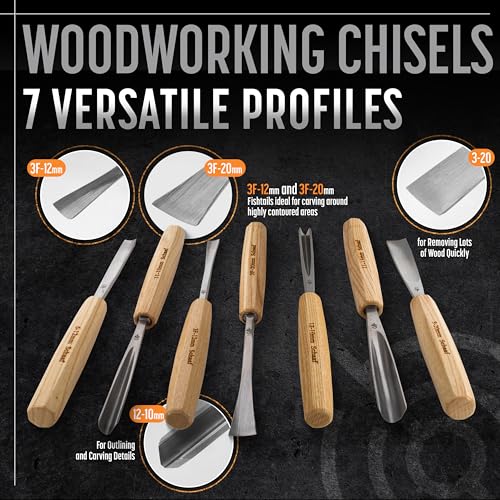Schaaf Wood Carving Tools 7-pc Wood Chisel Set with Gouges, Cr-V 60 Steel - color: Natural Wood