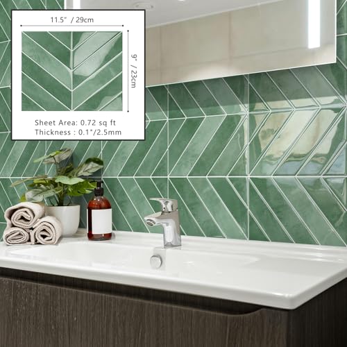 10-Sheet Herringbone Peel and Stick Backsplash Tiles for Kitchen, 3D Marble Look Self Adhesive Stick on Back Splashes Wall Tiles for Bathroom 11.5"x9" Light Green - color: Light Green