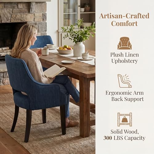 chairus Upholstered Farmhouse Dining Chairs Set of 4, Blue Linen Fabric Dining Room Chairs with Arms, Solid Wood Curved Back Kitchen Accent Side Chairs for Dining Room/Living Room, Blue - color: Blue