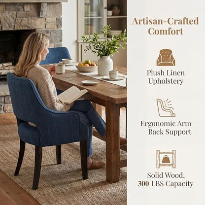 chairus Upholstered Farmhouse Dining Chairs Set of 4, Blue Linen Fabric Dining Room Chairs with Arms, Solid Wood Curved Back Kitchen Accent Side Chairs for Dining Room/Living Room, Blue - color: Blue