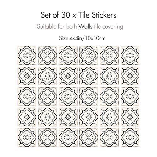 30 Count Moroccan Tile Decals 4 in – Self Adhesive Vinyl Wall Stickers, Waterproof Peel & Stick for Kitchen Backsplash, Bathroom, Stair Tread Accent, Neutral Tan/Black (Black) - color: Black