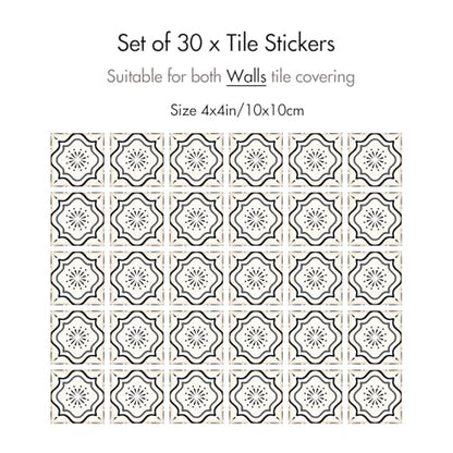 30 Count Moroccan Tile Decals 4 in – Self Adhesive Vinyl Wall Stickers, Waterproof Peel & Stick for Kitchen Backsplash, Bathroom, Stair Tread Accent, Neutral Tan/Black (Black) - color: Black