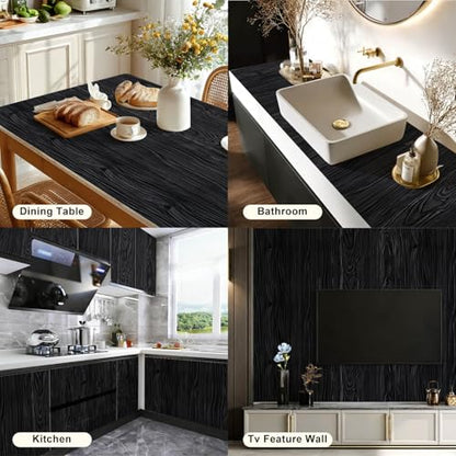 HOMETITUTE Black Wood Grain Stylish Peel Stick Wallpaper 15.7x39.4 Vinyl - color: Wallpaper#8