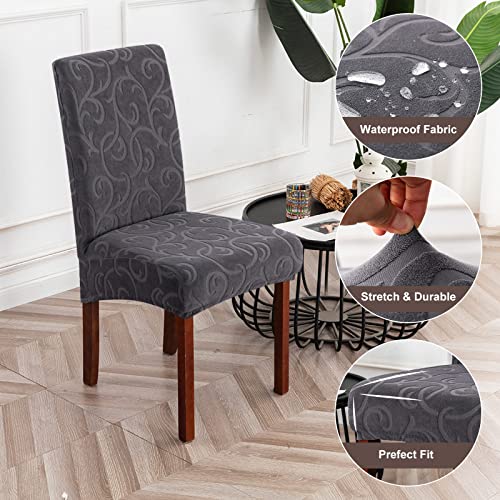 Waterproof Dining Room Chair Covers, Stretch Parsons Chair Slipcovers - color: Flower Pattern-dark Gray, size: Large-4 Pack