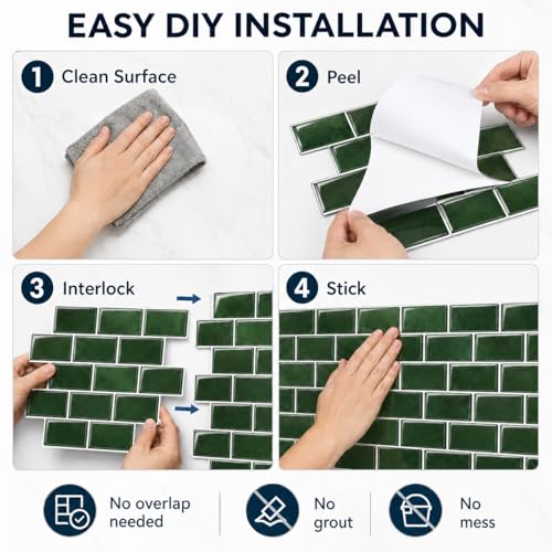 Zimtty Green Peel and Stick Backsplash Tile, 10 Sheets 12 x 12 Inch Self Adhesive 3D Wall Panels, Thick Subway Tile Stick on Wall Panels for Kitchen, Bathroom, RV, Fireplace - color: Green