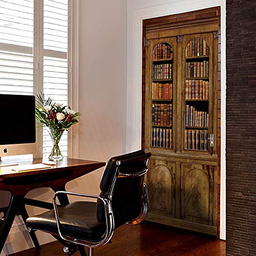 Modern Art Self Stick Vinyl Door Mural Sticker, Peel and Stick Removable Refrigerator Wrap Decal, Bookcase, 32.3x78.7, 2 Pcs Set - color: Bookcase