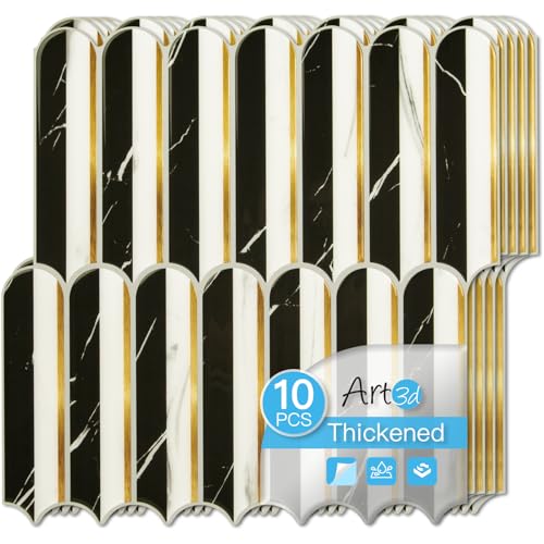 Art3d Arrowhead Design Peel and Stick Backsplash, 10-Pack, Black & White - color: Black & White Marble With Metal Gold