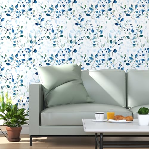 BOKEBEVE Boho Leaf Wallpaper Peel and Sticck Blue Green 17.5 x 118In - color: Blue/Green, size: 17.5" x 118"