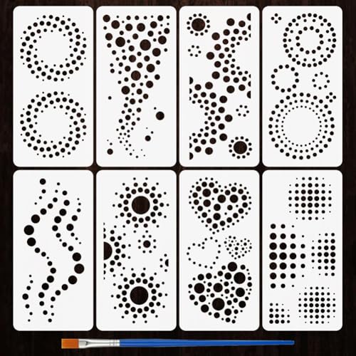 FINGERINSPIRE 8PCS Geometric Circle Stencils 4.7x9.4inch with a Brush Dot Bubble Stencils Sun Hearts Pattern Drawing Template Reusable PET Plastic Painting Stencil for Wood Wall Home Decor DIY Project - style: Geometric Circle