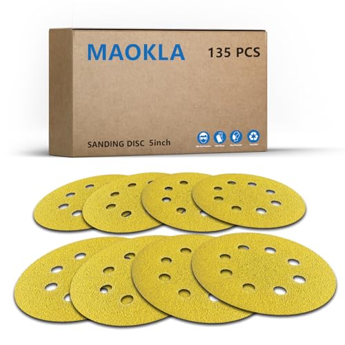 135 PCS 5 Inch Sanding Discs, 8 Hole, Round Hook and Loop Sandpaper, 40-400 Grit, Gold, for Random Orbital Sander - style: 5-Inch