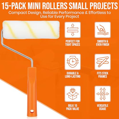 Harrier Hardware 15-Pack 6" Mini Paint Roller Covers 3/8" Nap