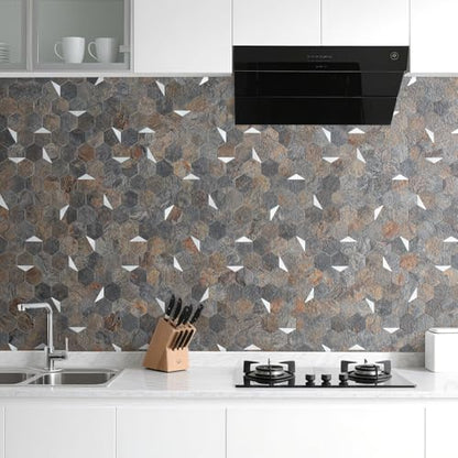 DICOFUN 1-Sheet 12"x12" Rust Slate Hexagon Tile Peel and Stick Backsplash, PVC Mixed Silver Metal Mosaic Tiles for Kitchen and Bathroom - color: Rust Slate + Silver Metal Chip, size: 1 Sheet, 12''x12''x0.12''