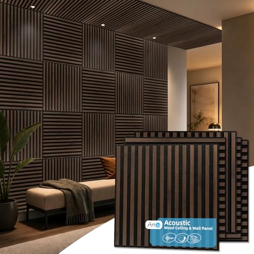 Art3d 12-Pack Acoustic Wood Slat Panel & Ceiling Tile, 2 x 2 ft, Walnut - color: Walnut, size: 24 x 24 inch