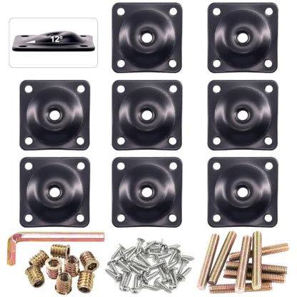 Glarks 8 Sets Black Furniture Leg Mounting Plates Set, 8Pcs 12 Degree Leg Attachment Plates with 8pcs 50mm Hanger Bolts, 32pcs Screws, 8 Pcs M8 Insert Nut for Furniture Sofa Couches Seats (12 Degree)