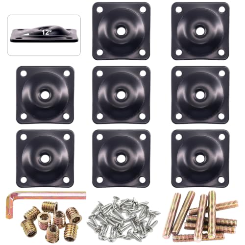 Glarks 8 Sets Black Furniture Leg Mounting Plates Set, 8Pcs 12 Degree Leg Attachment Plates with 8pcs 50mm Hanger Bolts, 32pcs Screws, 8 Pcs M8 Insert Nut for Furniture Sofa Couches Seats (12 Degree)