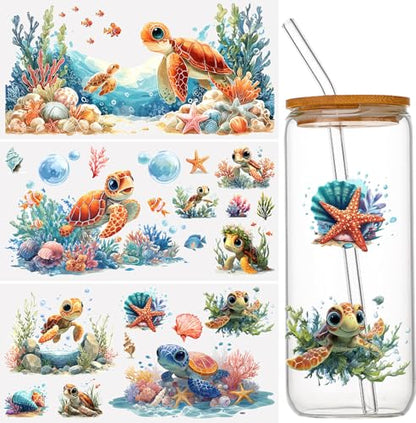 WANDIC 3 Sheets UV DTF Cup Warp Rub on Transfer Stickers, Cartoon Turtle Theme 3D Waterproof Decals for DIY Glass Water Bottle Furniture Crafts,15 * 30cm - color: Cartoon Turtle