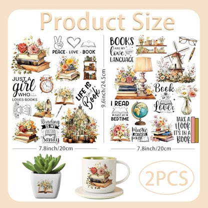 2 Sheets Rub on Transfers for Crafts, Book Lovers Furniture Transfers for Wood, Glass, Plastic & Ceramics, Decorative Decals - style: Book Lovers