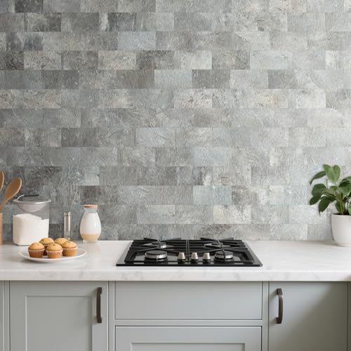 AULIGET 100 Piece Mountain Rock Peel and Stick Backsplash Wall Tiles, 3" x 6" PVC Faux Stone Stick on Tiles for Backsplash Kitchen, Bathroom, Laundry Room, Camper, Fireplace - color: Mountain Rock
