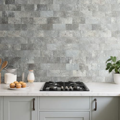AULIGET 100 Piece Mountain Rock Peel and Stick Backsplash Wall Tiles, 3" x 6" PVC Faux Stone Stick on Tiles for Backsplash Kitchen, Bathroom, Laundry Room, Camper, Fireplace - color: Mountain Rock