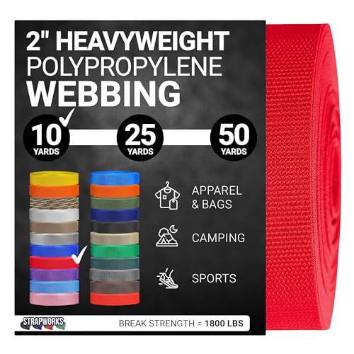 Strapworks Heavyweight Polypropylene Webbing - Heavy Duty Poly Strapping for Outdoor DIY Gear Repair - color: Red, size: 2" x 10 yard