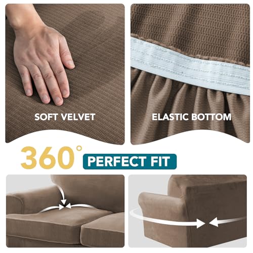 2 Pieces T Cushion Chair Covers with Arms Thick Velvet Couch Cover Stretch T Cushion Sofa Covers for Living Room Chair Cover with Individual T Cushion Covers , Washable (1 Cushion Chair, Mocha) - color: Mocha, size: Armchair (1 Cushion)