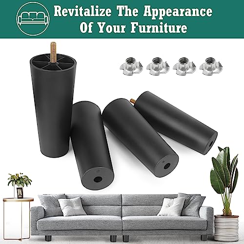 4pcs Plastic Furniture Legs 6" with T-Nuts, M8-1.25 Thread Bolt - size: 6 Inch, M8-1.25 Metric Thread Bolts