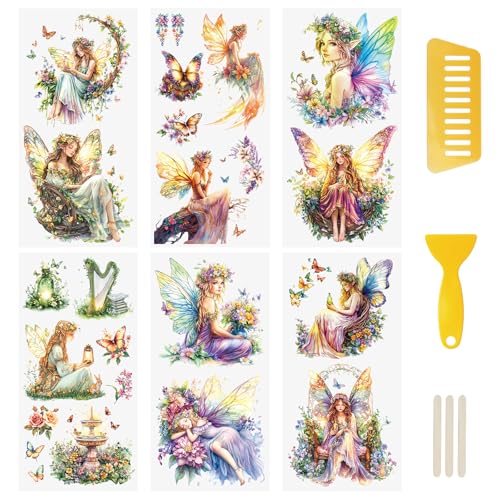 WANDIC 6 Sheets Rub On Transfer Stickers, Fluorescent Genie Waterproof Decals Furniture Craft Decorative, Junk Journals for DIY Window, 15 * 30cm - color: Fluorescent Elves