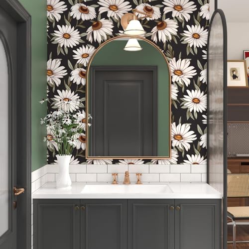 Laatse Dark Daisy Floral Peel and Stick Wallpaper 17.5" × 118", White/Black - color: Black,Green, size: 118" x 17.5"