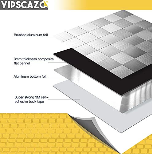 Yipscazo 10 Sheet Peel and Stick Backsplash Mosaic Tiles Stainless Steel Metal Look Kitchen Backsplash Stick on Tiles for Stove, Bathroom, Laundry in Silver (11.8'' x 11.8'') - color: Square Sheet