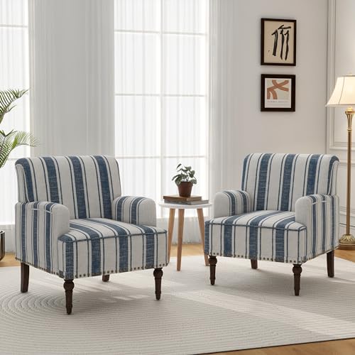 Mid-Century Modern Accent Chair, Dark Blue Stripe, Set of 2 - color: Fabric Dark Blue Stripe