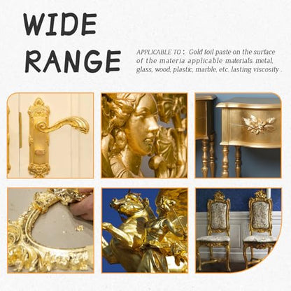 Gold Leaf Adhesive, Gilding Adhesive Set with 100ml Water Based Metal Leaf Glue and 100ml Varnish, 100 pcs Foil, 2 Brushes, Foil Wiping Cotton, for Arts, Crafts and Painting.